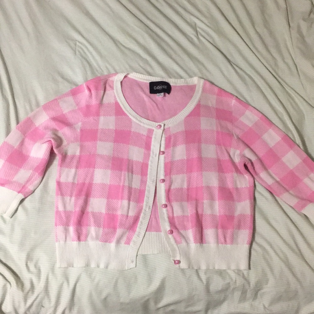 Collectif Pink Gingham Cropped Cardigan